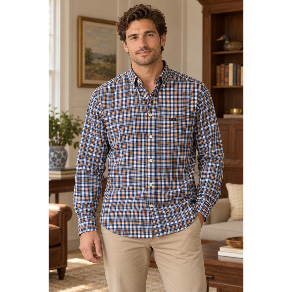 Faconnable Albert Goldberg Mens Large Blue Plaid Cotton Button Down Shirt USA